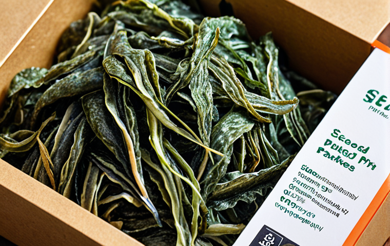 A close-up shot of seaweed packaging for seafood, showcasing its natural texture and ocean-inspired color palette. The packaging should appear fresh and eco-friendly, with a focus on highlighting its sustainable qualities and ability to maintain the seafood's freshness.